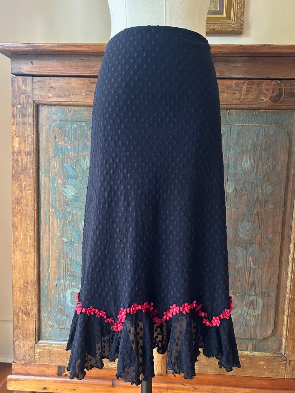 Vintage Betsey Johnson New York Swiss Dot Red Flowers Skirt - Picture 2 of 10
